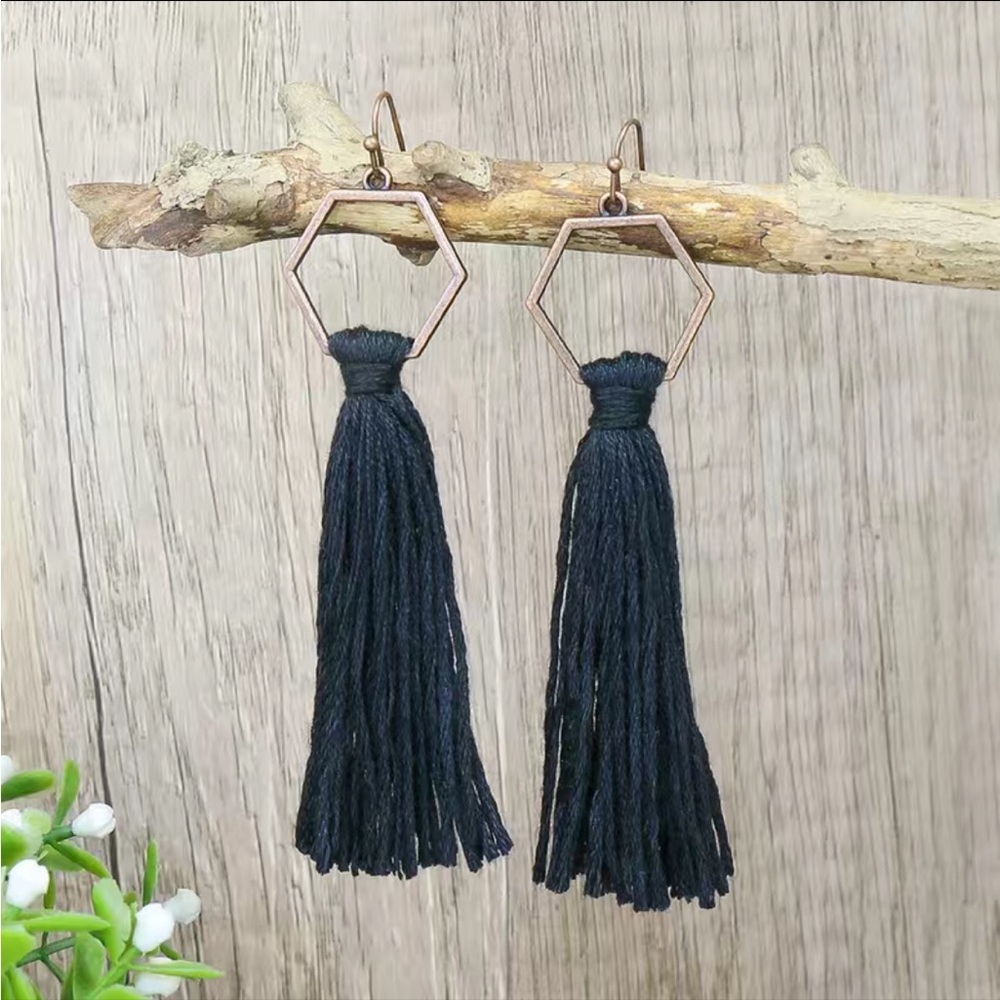 Boho Geometric Tassel Earrings Black - Picture 1 of 3